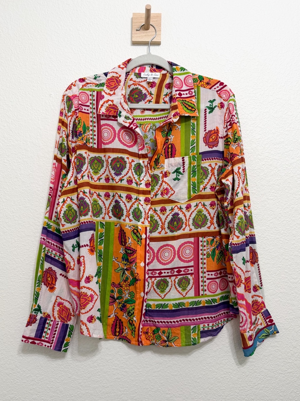 Colorful Boho Print Lightweight Cotton Button Down Blouse Large
